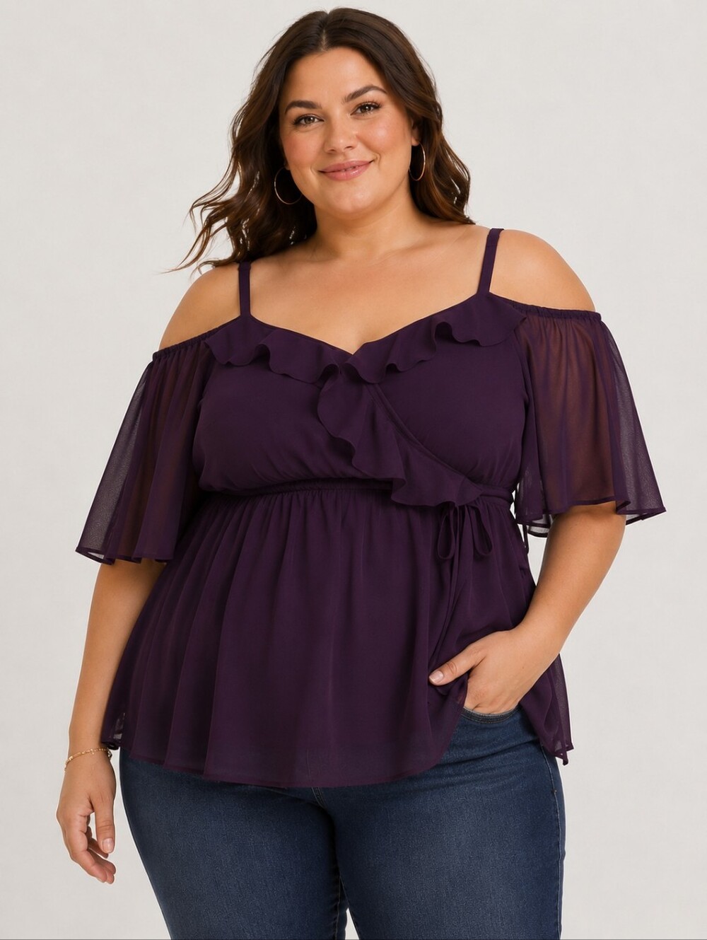 Torrid Ruffle Cold-Shoulder Chiffon Romantic Fairy Blouse in Deep Plum Purple